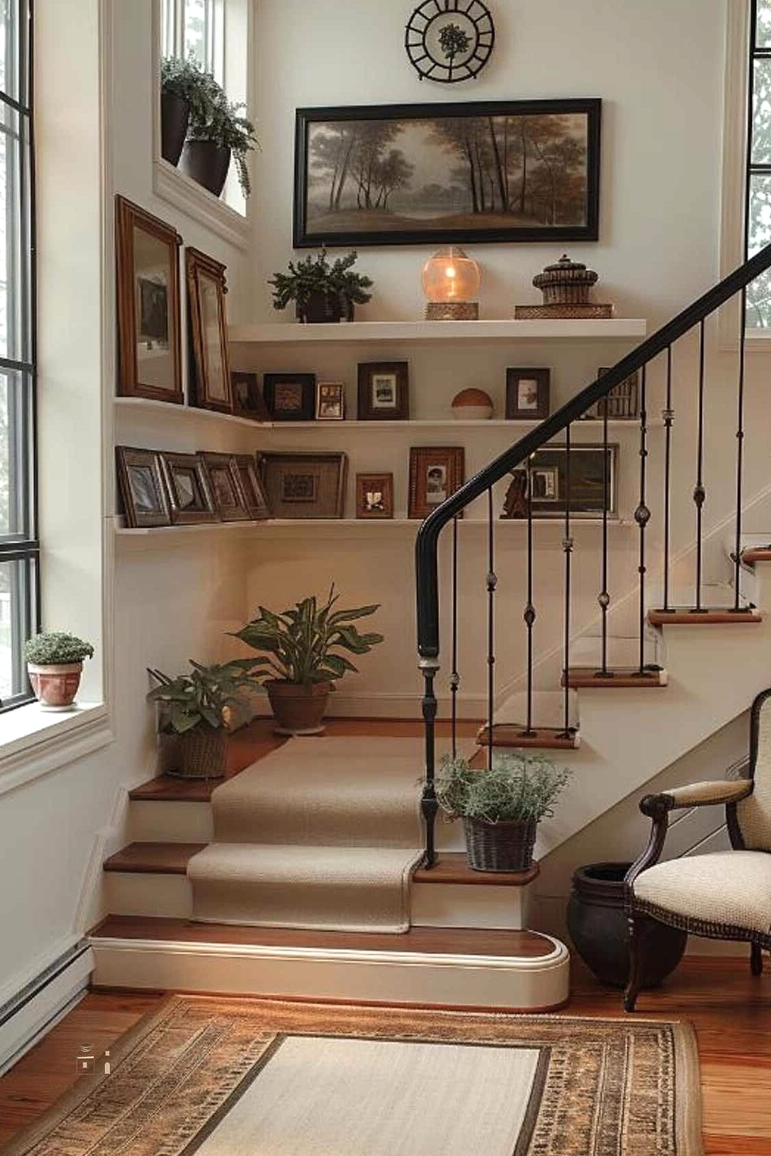 20 Cozy Basement Stairs Ideas Worth Pinning 14 Cozy Basement Landing with a Small Rug and Bench