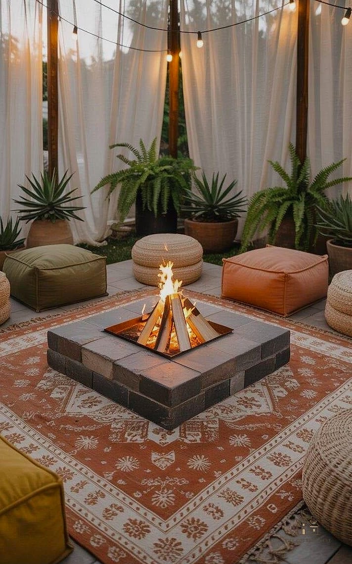 45 Brilliant Boho Garden Ideas to Copy Right Now 33 A Cozy Boho Fire Pit with Blanket Basket