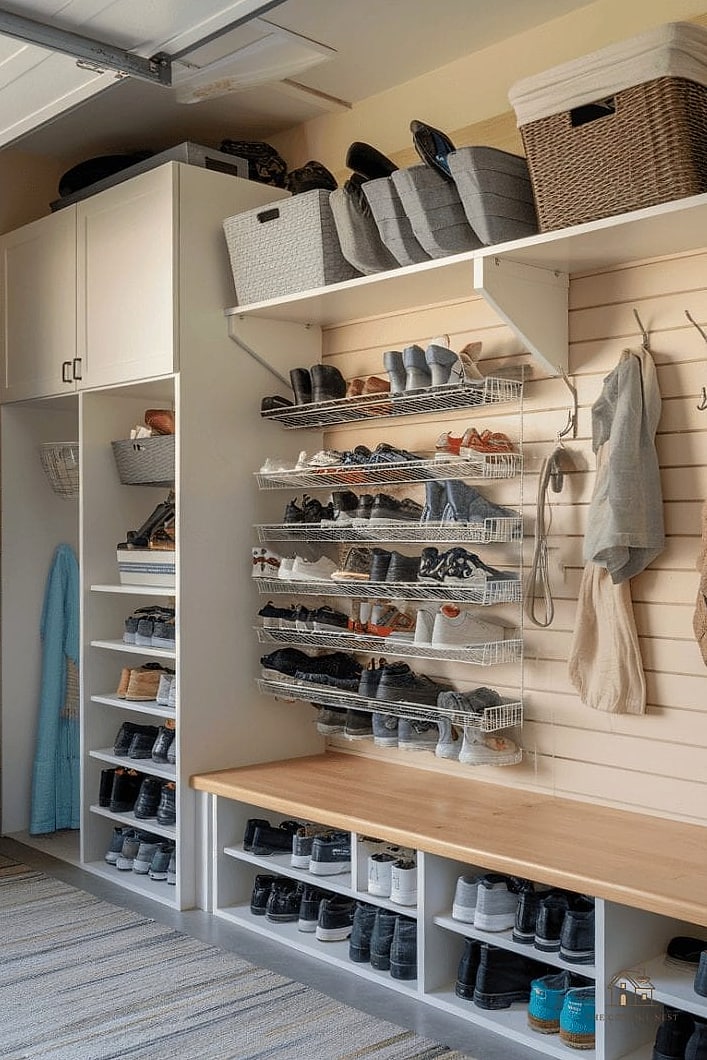 30 Cozy Garage Shoe Storage Ideas Worth Pinning 19 A Cozy Corner Nook with a Rug and Bench