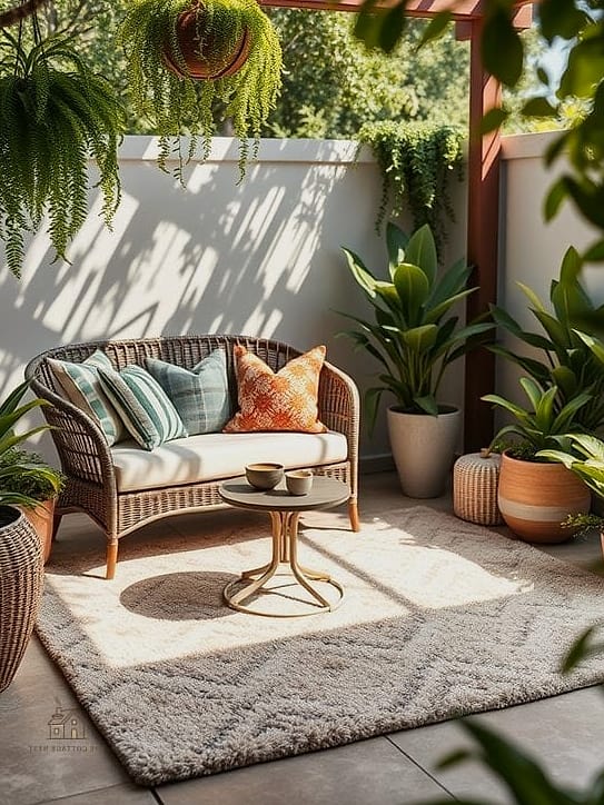 40 Cozy Modern Garden Ideas Worth Pinning 22 A Cozy Outdoor Rug Under a Pergola