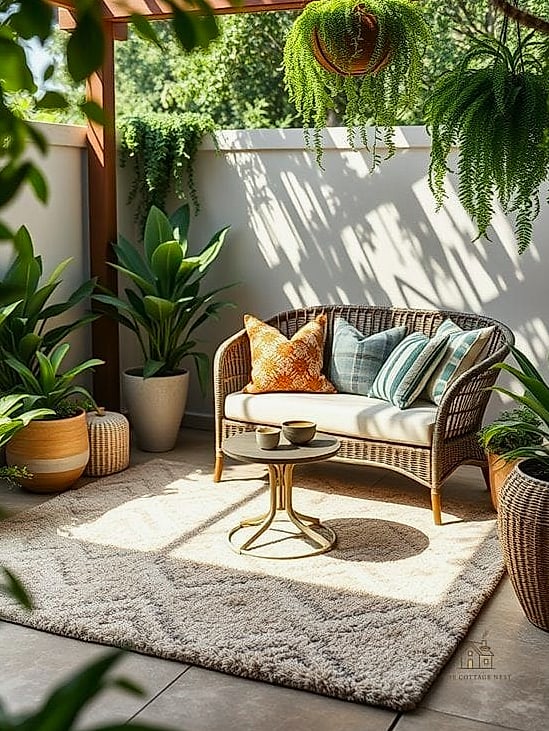 40 Cozy Modern Garden Ideas Worth Pinning 34 A Cozy Outdoor Rug and Lantern Combo for Balconies