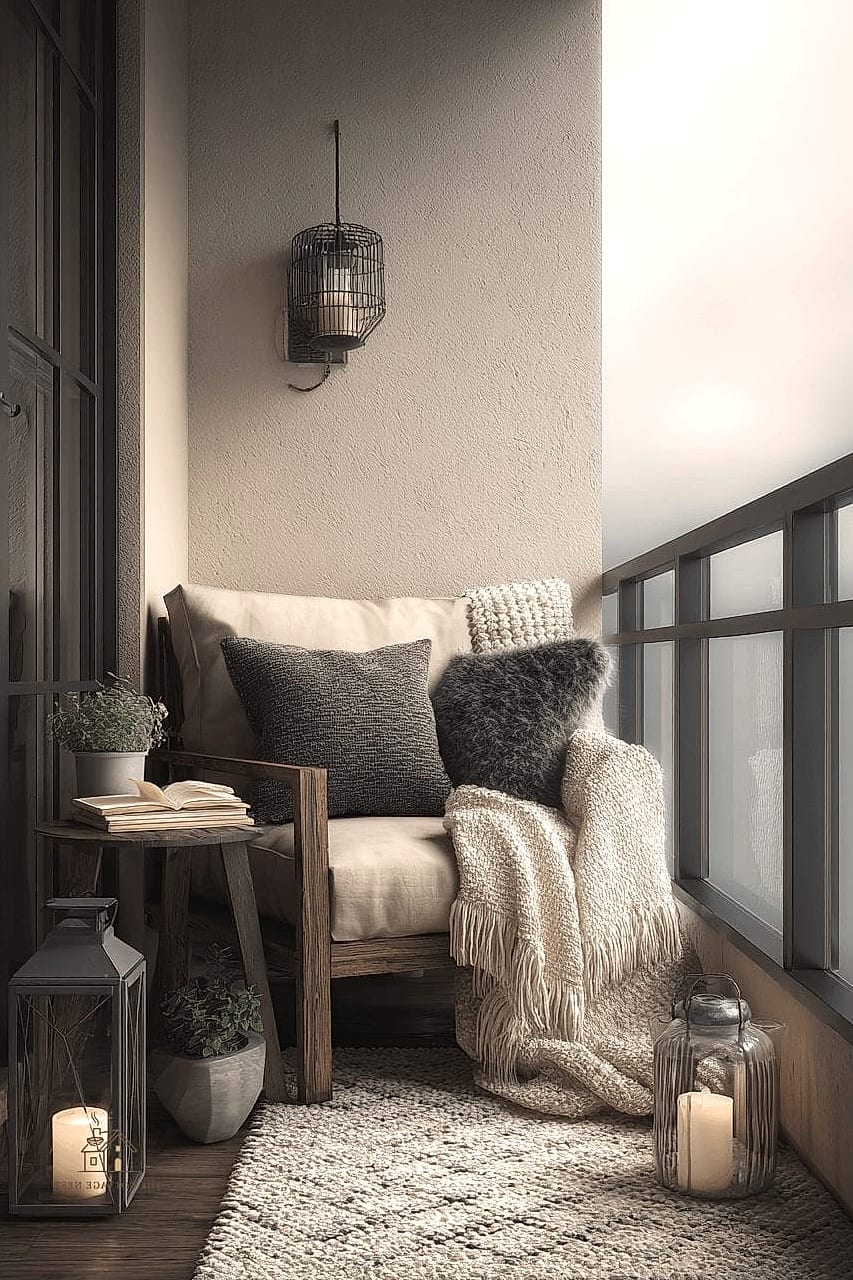 30 Cozy Fall Balcony Decor Apartment Worth Pinning 25 A Cozy Reading Corner with a Small Bookshelf