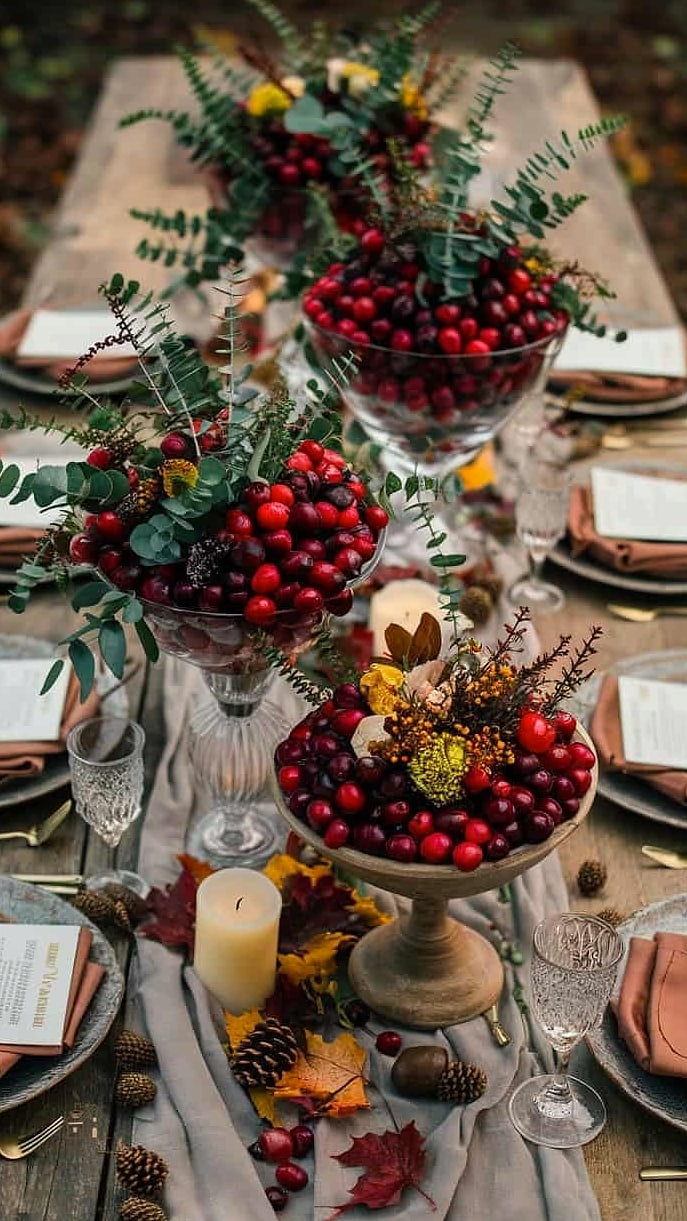 35 Beautiful Fall Table Centerpiece Ideas to Wow Your Guests 16 Cranberry and Rosemary Garland Centerpiece