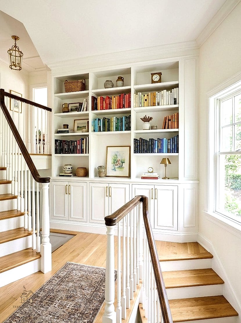 35 Creative Stair Landing Decor Ideas That Will Inspire You 25 A Curio Cabinet or Display Case