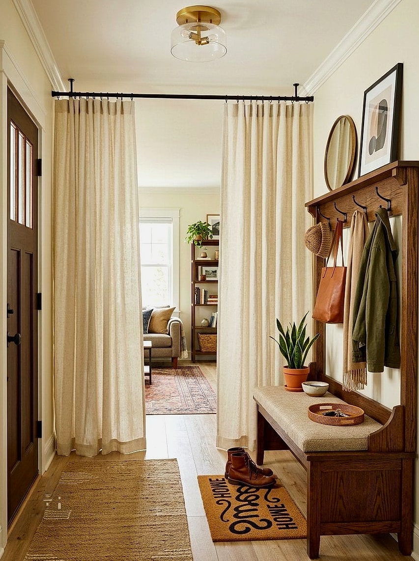 20 Cozy Apartment Entryway Ideas Worth Pinning 13 A Curtain to Hide an Awkward Entry Closet