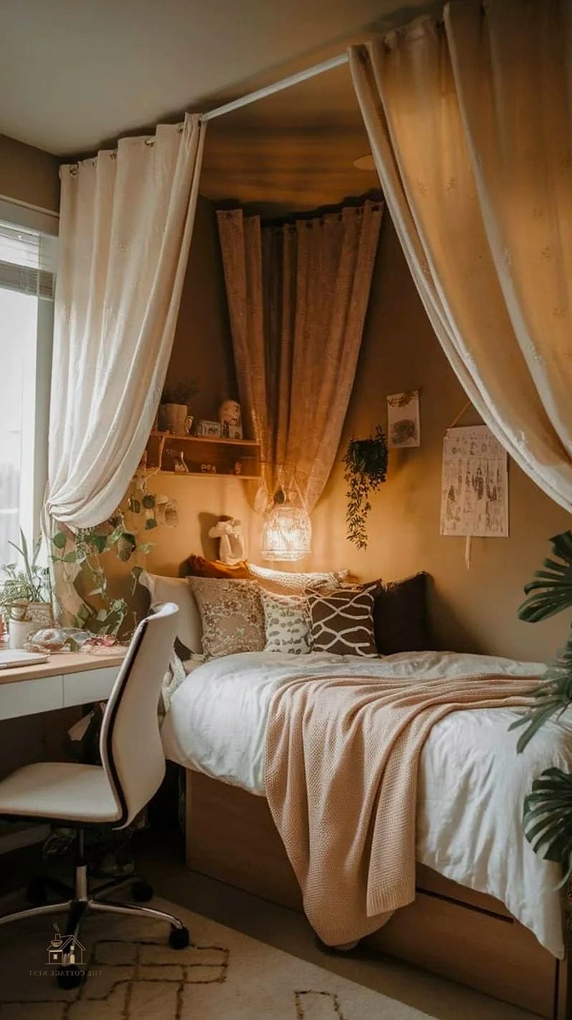 15 Chic Single Dorm Room Ideas for a Beautiful Home 9 A Curtain or Room Divider for Privacy