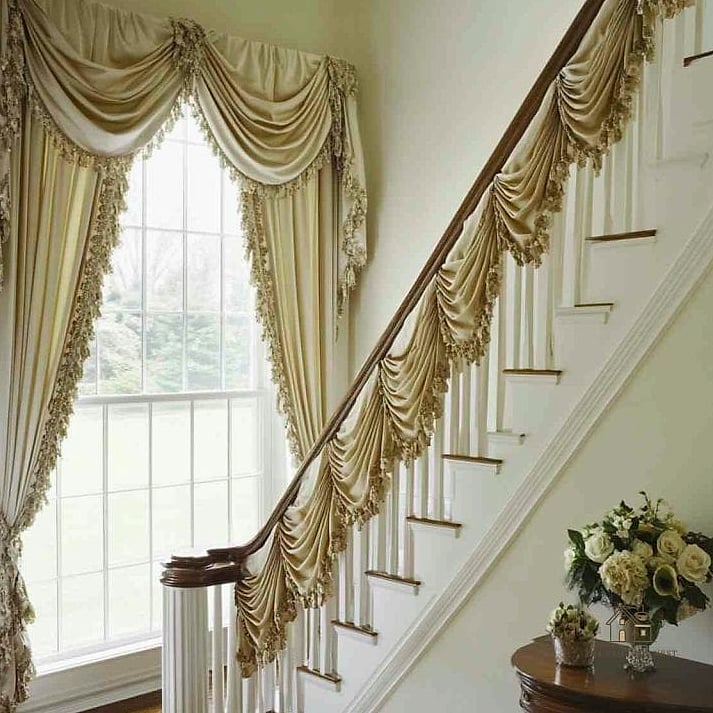 35 Creative Stair Landing Decor Ideas That Will Inspire You 34 Curtains or Drapery for Softness