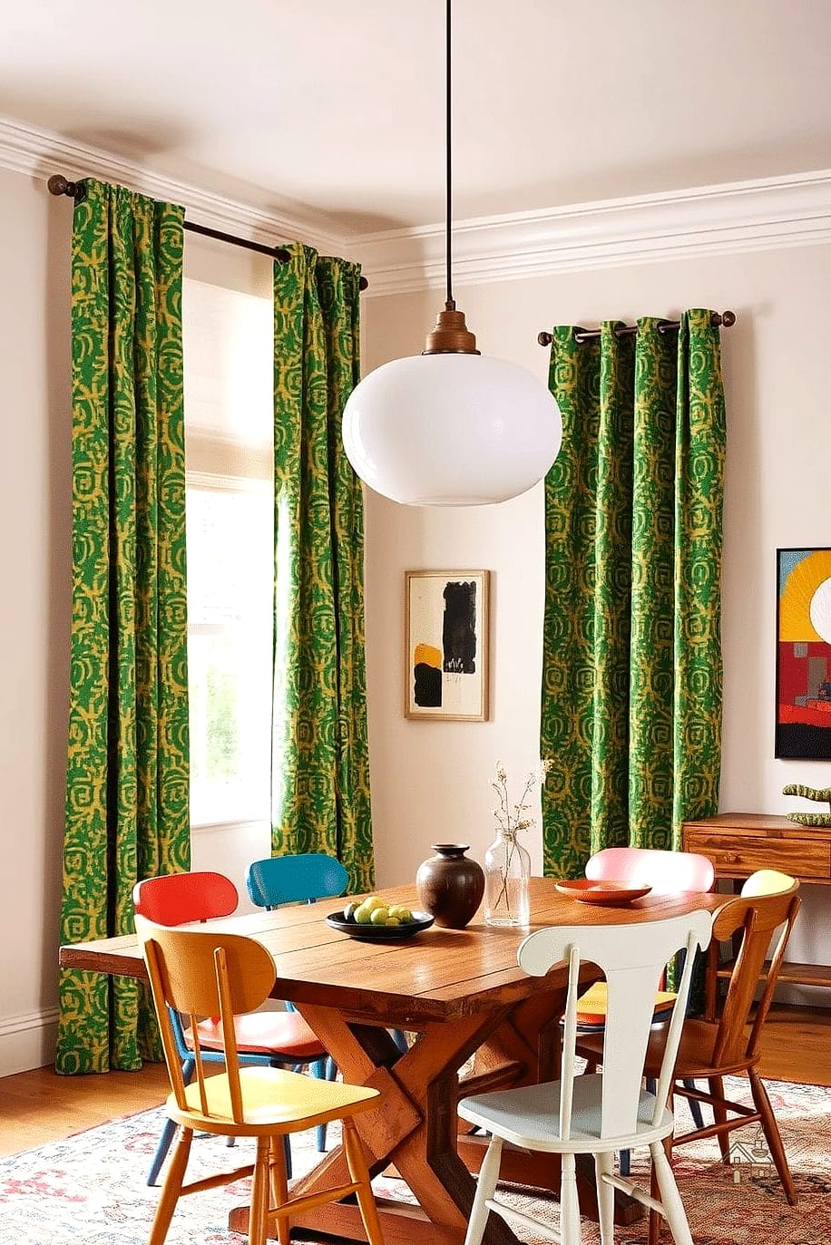 30 Clever Eclectic Dining Room Ideas for Every Style 22 Curtains in an Unexpected Print