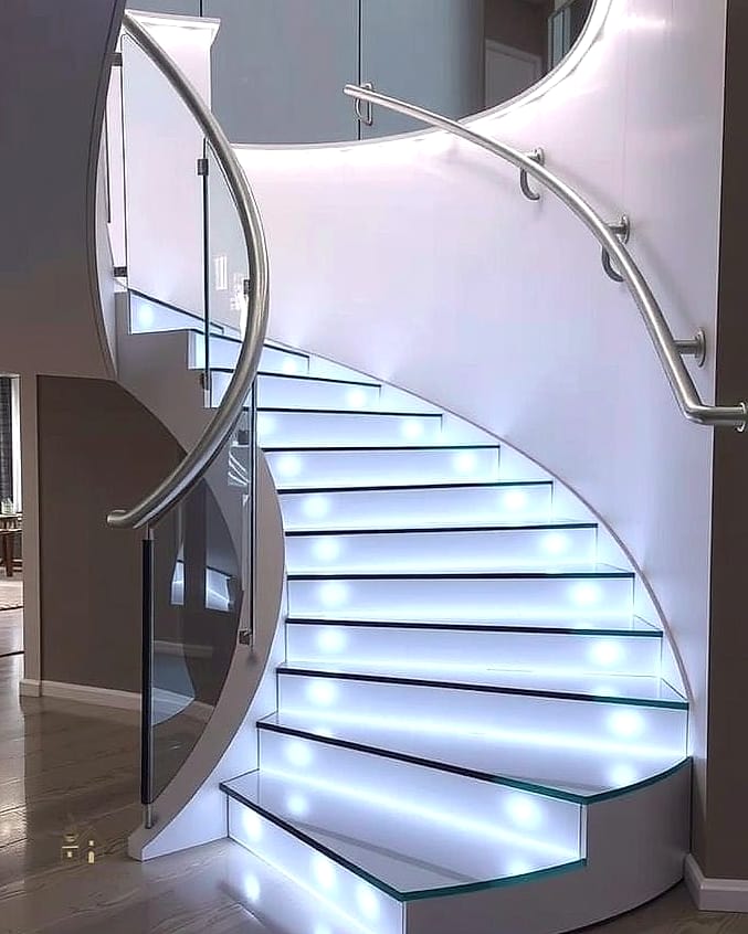 50 Clever Staircase Lighting Ideas for Every Style 50 Curved Staircase Wall Sconce Trail