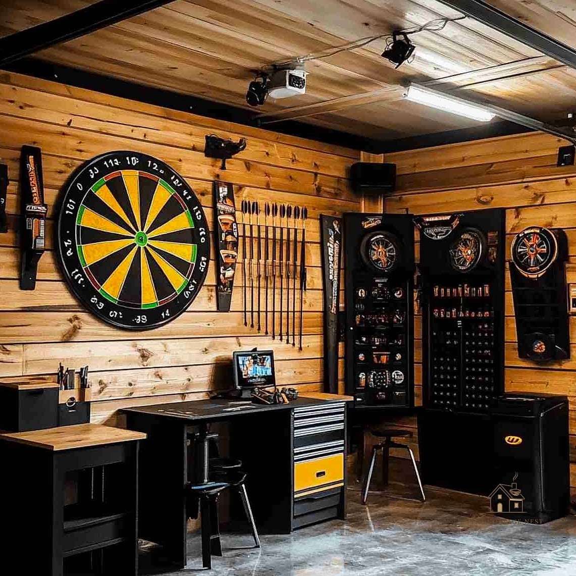 50 Clever Garage Man Cave Ideas for Every Style 11 Dartboard and Arcade Corner