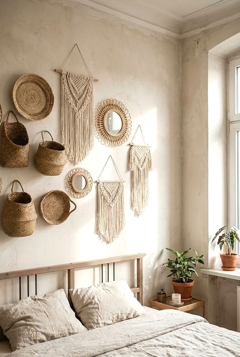 45 Dreamy Boho Bedroom Ideas That Feel Like a Retreat 21 Display Woven Baskets as Wall Decor