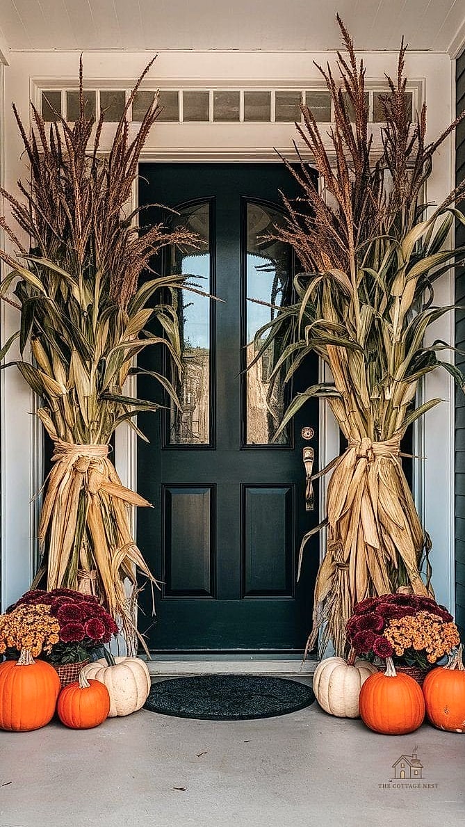 45 Gorgeous Fall Front Porch Decor Ideas That Are Totally Doable 23 A DIY Corn Husk Wreath