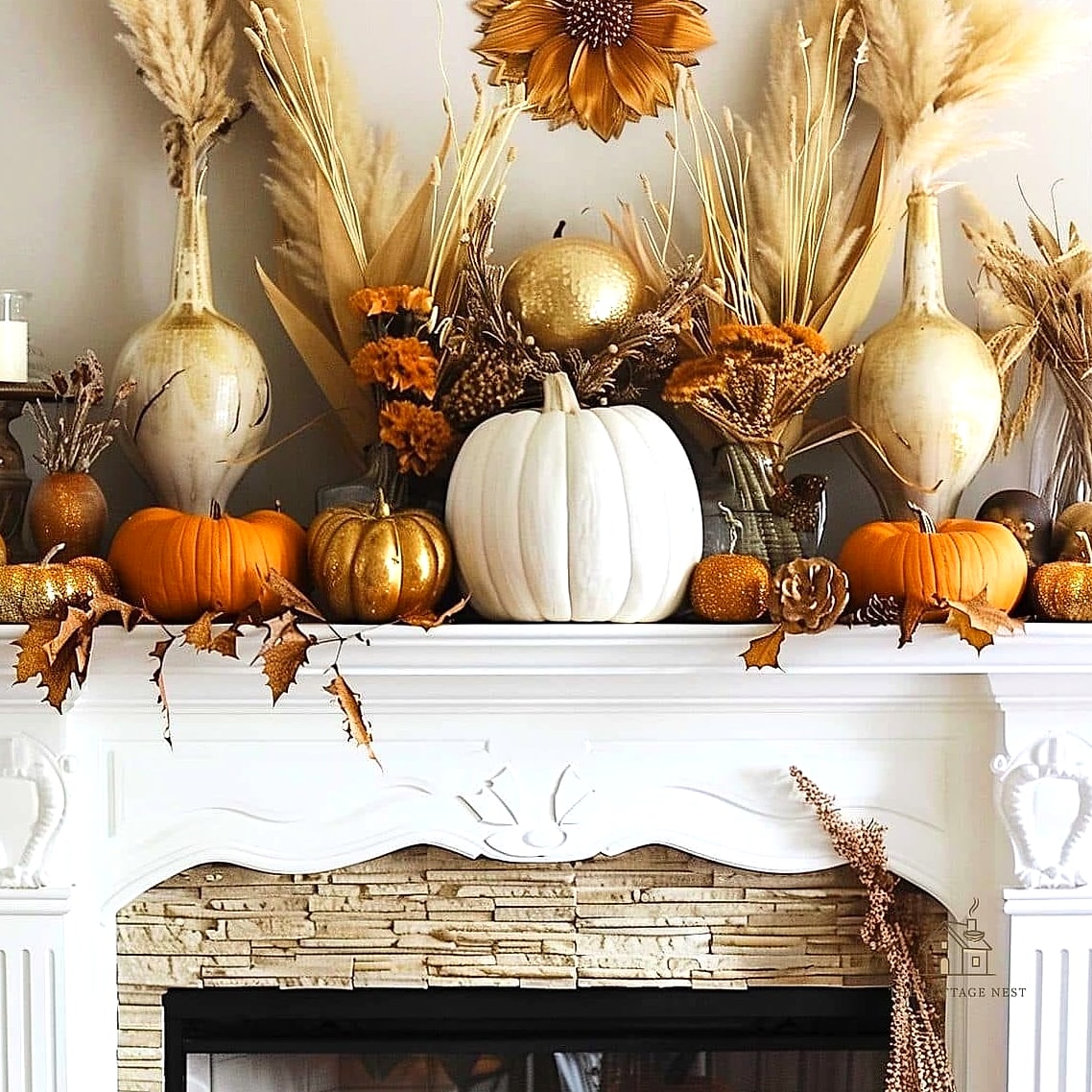 50 Amazing Fall Mantle Decor on a Budget 8 Dried Wheat Stalks in a Vase
