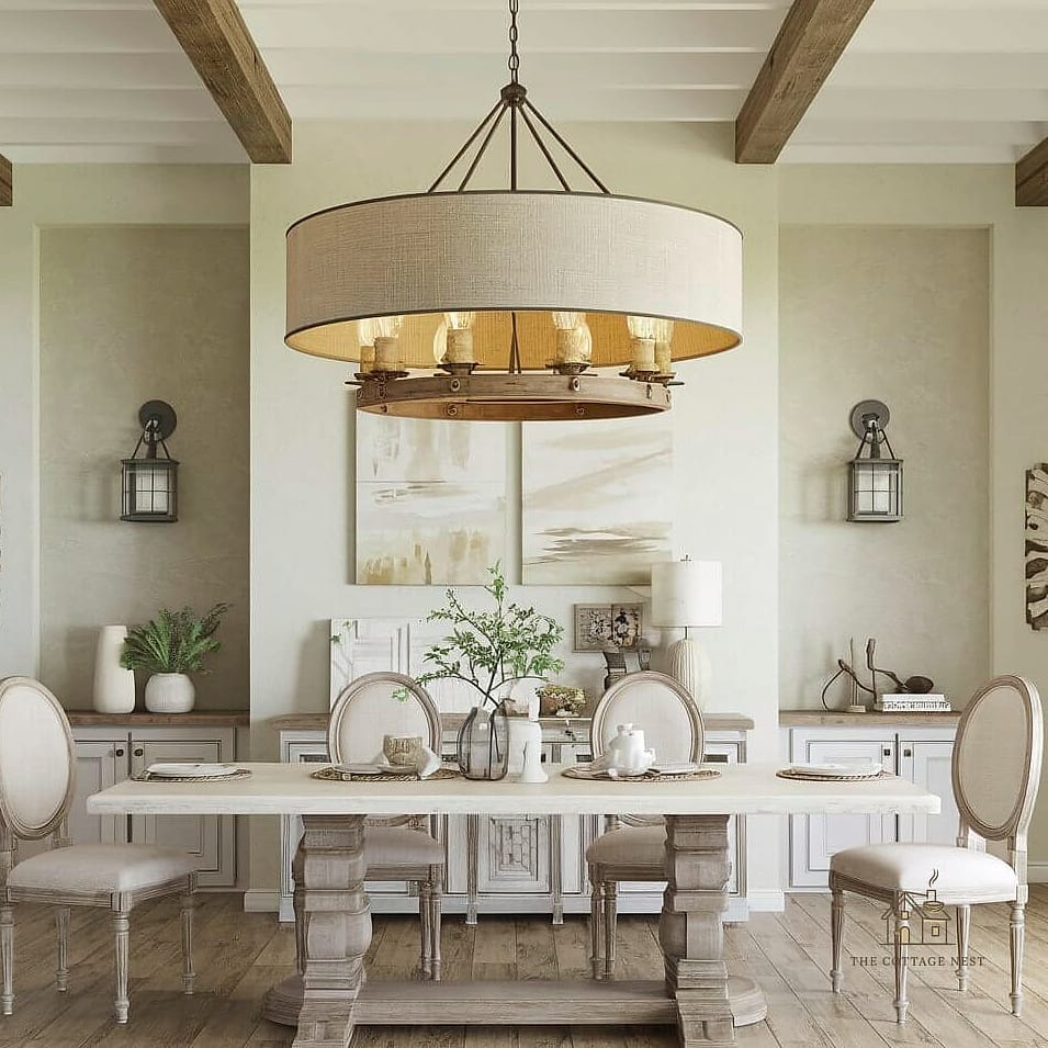 45 Brilliant Farmhouse Dining Room Lighting Ideas to Copy Right Now 10 Drum Shade Chandelier with Farmhouse Base