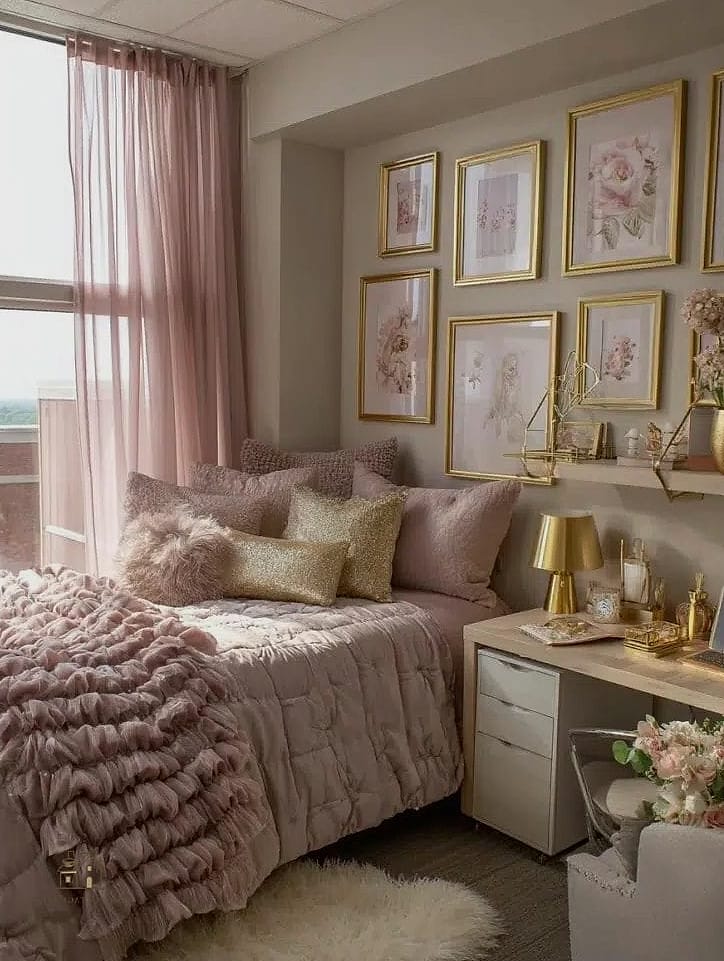 45 Brilliant Pink Dorm Room Ideas to Copy Right Now 3 Dusty Rose Accent Wall with Removable Wallpaper
