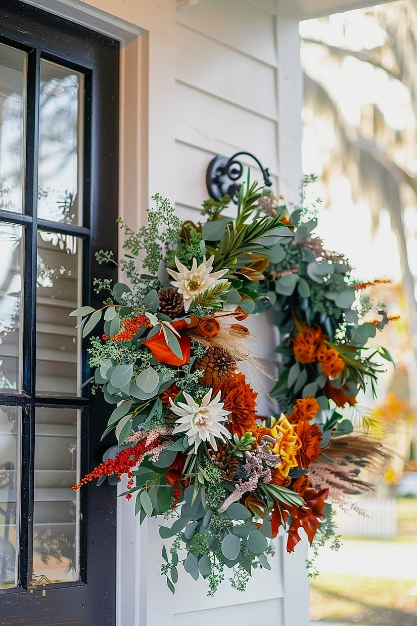 20 Dreamy Fall Wreaths For Front Door to Try This Season 5 Eucalyptus and Fall Foliage Mix