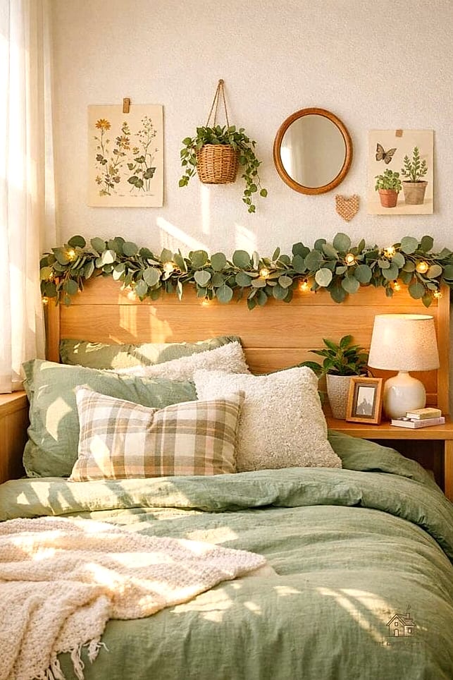 40 Dreamy Green Dorm Room Ideas to Try This Season 19 Eucalyptus Garland on the Bed Frame