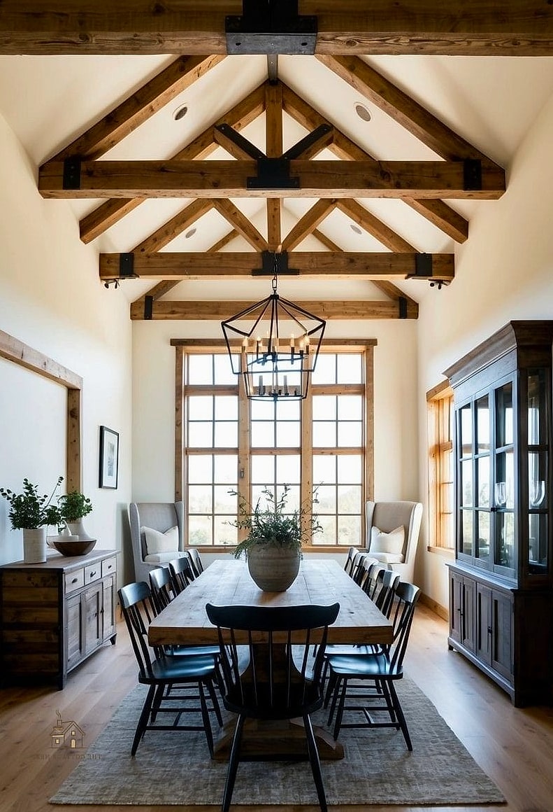 35 Gorgeous Farmhouse Dining Room Decor Ideas That Are Totally Doable 15 Exposed Wood Beams