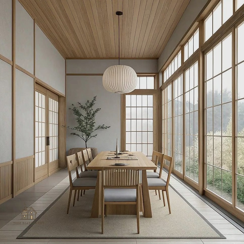 45 Gorgeous Japandi Dining Room Ideas That Are Totally Doable 25 Exposed Wood Beam Ceiling