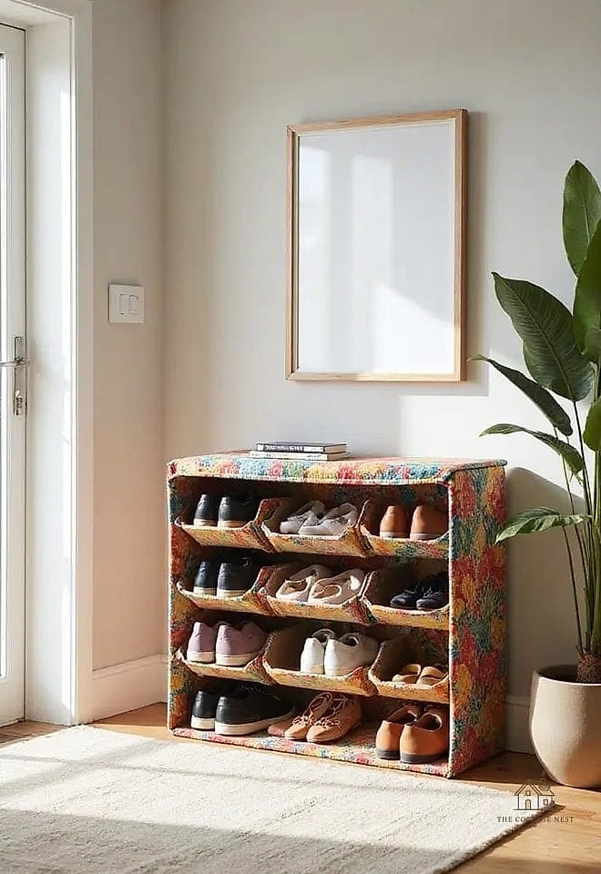 40 Amazing Small Entryway Shoe Storage Ideas on a Budget 27 Fabric Storage Bins on Open Shelving