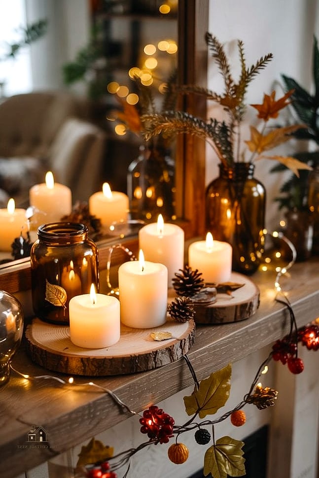 50 Amazing Fall Mantle Decor on a Budget 33 A Fall-Scented Candle Display