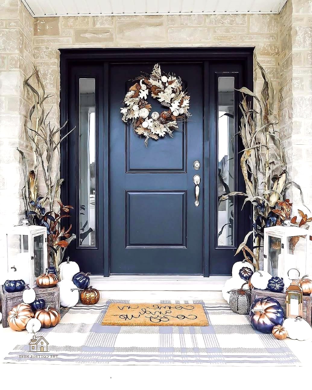45 Gorgeous Fall Front Porch Decor Ideas That Are Totally Doable 32 A Fall-Themed Address Plaque