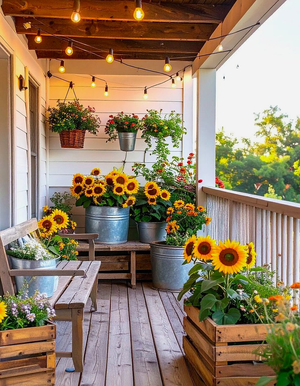 Farmhouse Balcony with Galvanized Buckets