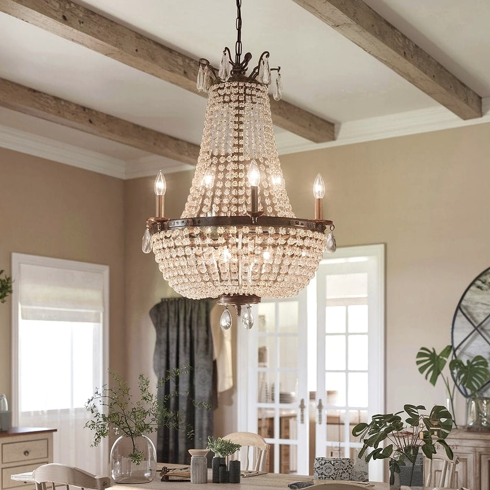 45 Brilliant Farmhouse Dining Room Lighting Ideas to Copy Right Now 29 Farmhouse Chandelier with Chain Wrapped in Fabric or Rope