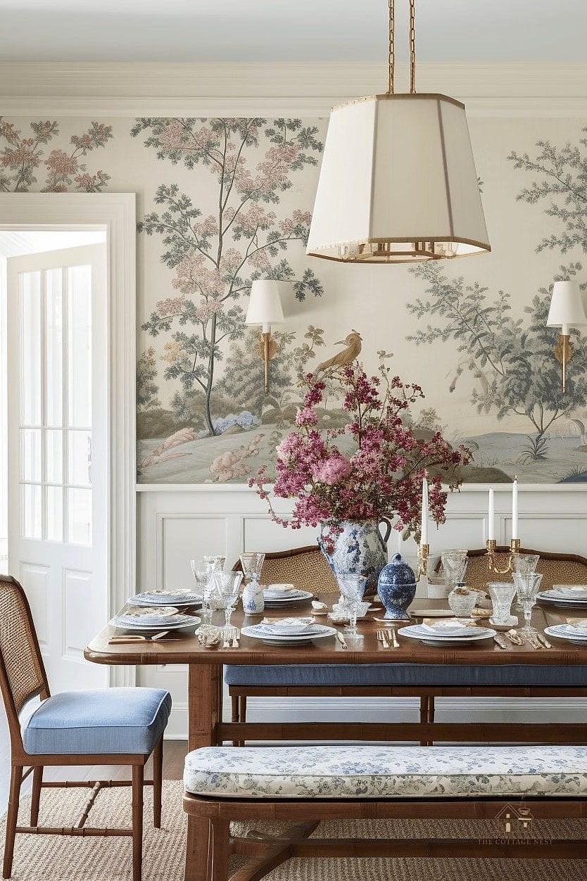 35 Gorgeous Farmhouse Dining Room Decor Ideas That Are Totally Doable 35 Farmhouse Style Wallpaper Accent