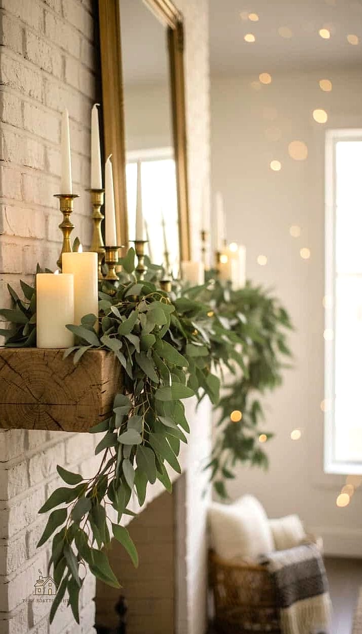 50 Amazing Fall Mantle Decor on a Budget 28 Faux Eucalyptus Mixed with Warm Tones