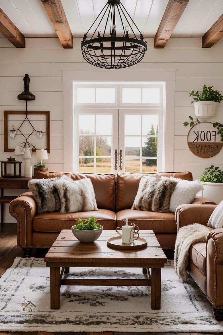 30 Dreamy Farmhouse Fall Decor Ideas to Try This Season 23 Faux Fur Throws on Farmhouse Benches