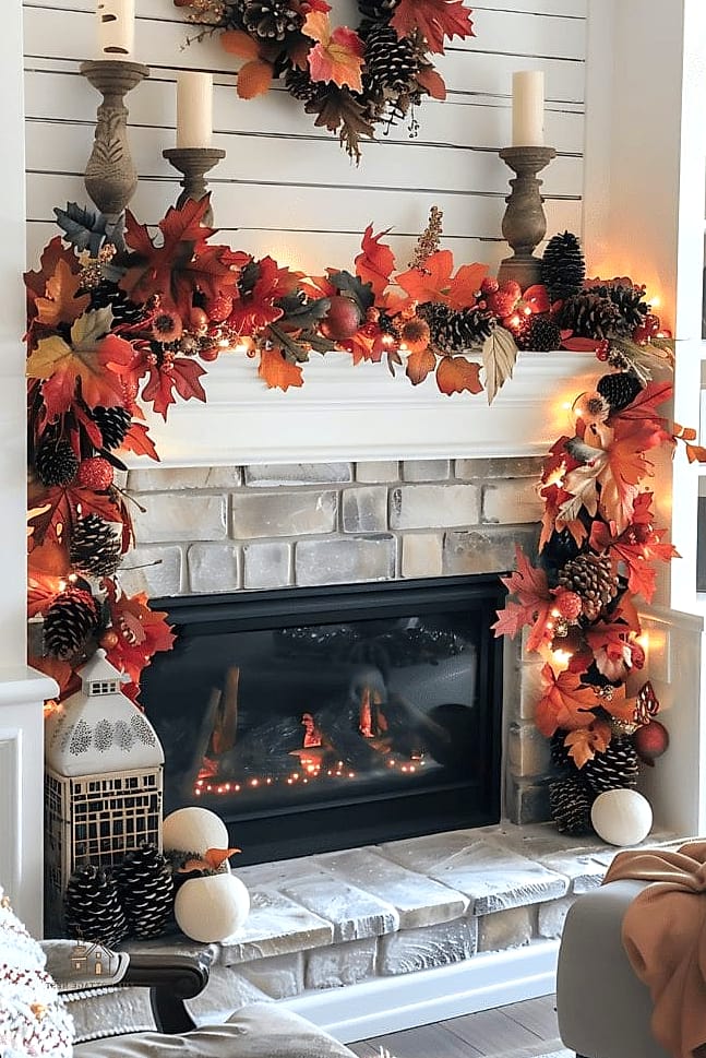 50 Amazing Fall Mantle Decor on a Budget 21 Faux Fur Throw Draped Below the Mantle
