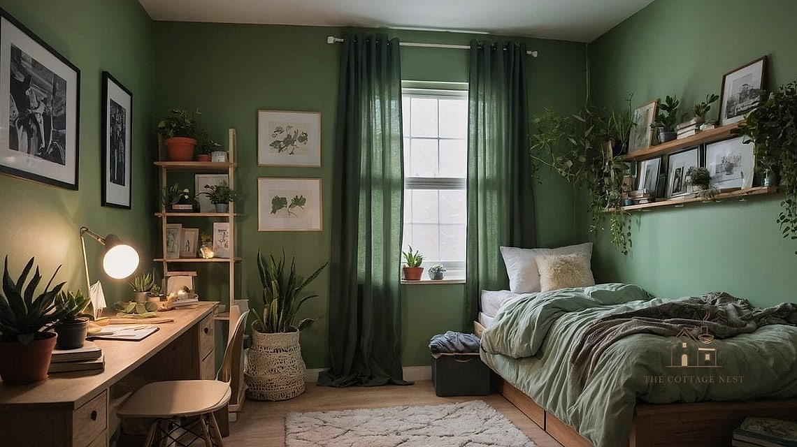 40 Dreamy Green Dorm Room Ideas to Try This Season 39 Faux Ivy Trailing from a High Shelf