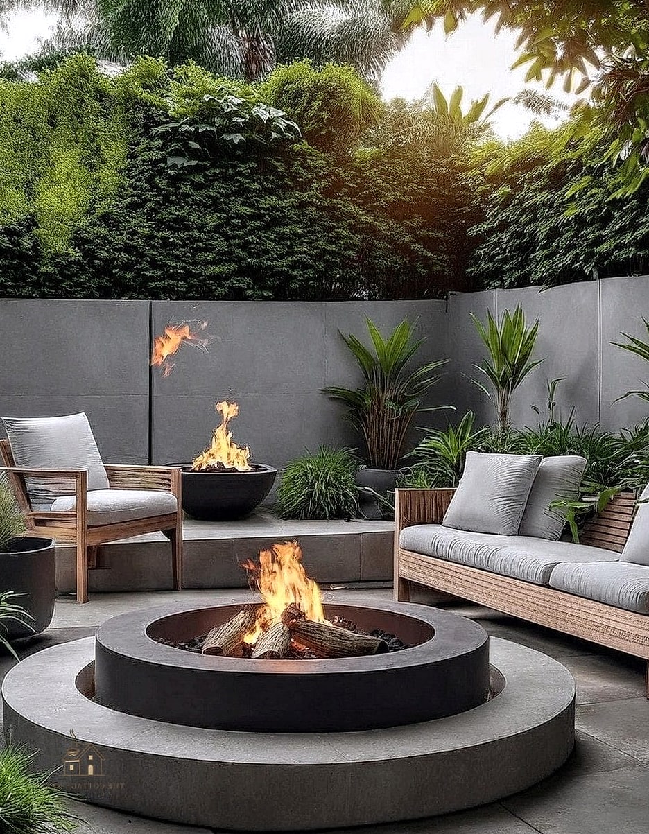 15 Chic Garden Decor Ideas for a Beautiful Home 15 A Fire Pit Surrounded by Built-In Seating