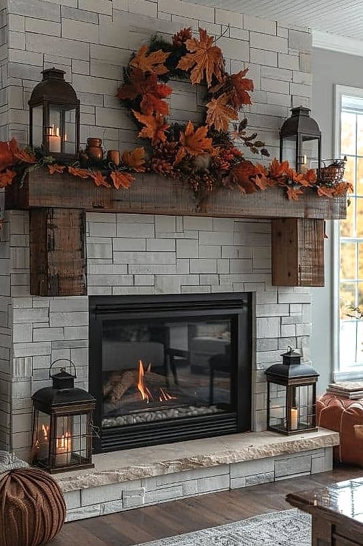 30 Dreamy Farmhouse Fall Decor Ideas to Try This Season 30 Fireplace Mantel Styled with Greenery and Gourds