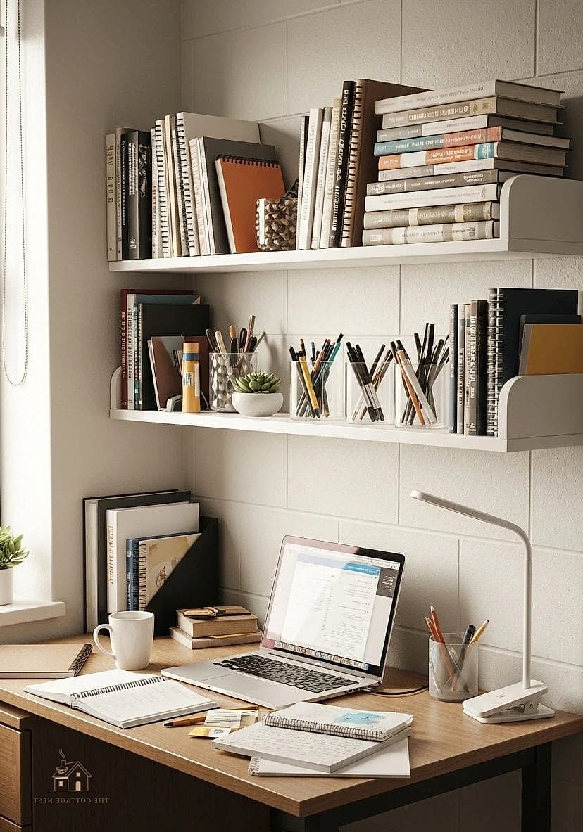 50 Beautiful College Dorm Desk Ideas to Transform Your Space 2 Floating Shelf Above the Desk