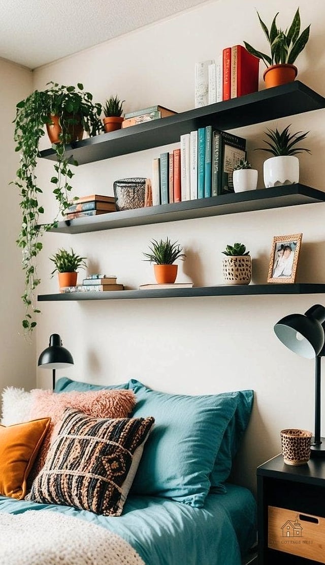 25 Gorgeous Dorm Room Ideas For Guys That Are Totally Doable 8 Floating Shelves Above the Desk