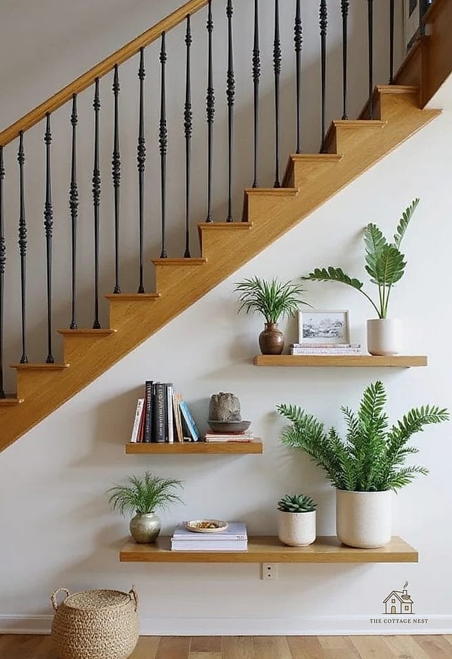 50 Clever Stairs Wall Decor Ideas for Every Style 11 Floating Shelves with Rotating Decor