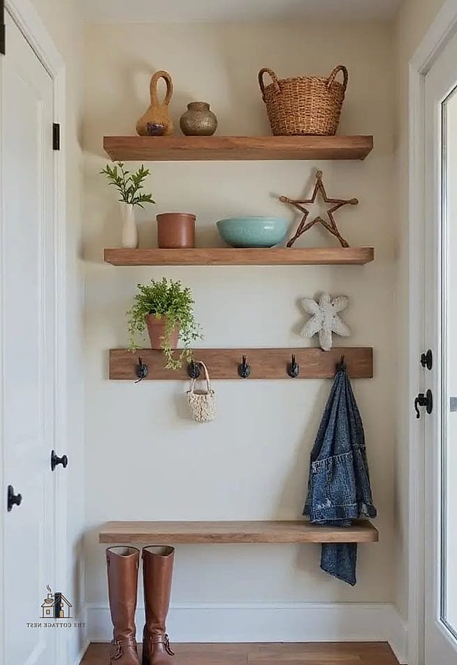 35 Creative Narrow Entryway Ideas That Will Inspire You 6 Floating Shelves Above a Bench