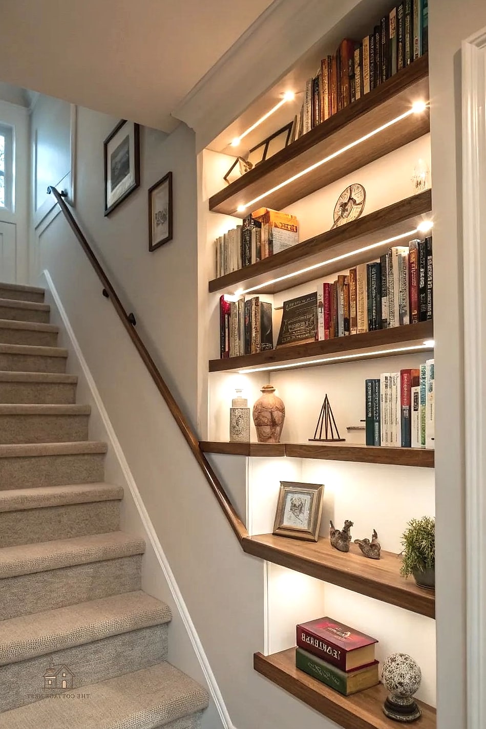 20 Cozy Basement Stairs Ideas Worth Pinning 18 Floating Shelves Along the Stairwell Wall