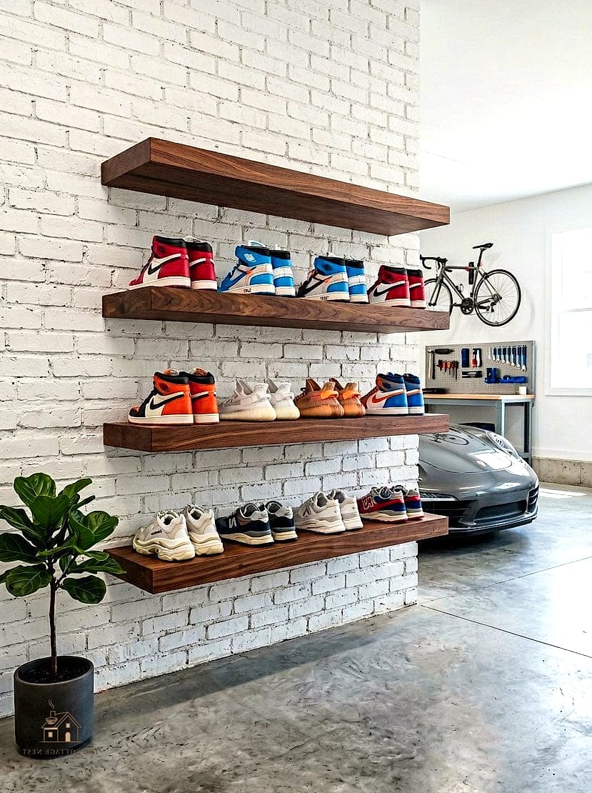 30 Cozy Garage Shoe Storage Ideas Worth Pinning 10 Floating Shelves Above a Coat Hook Station