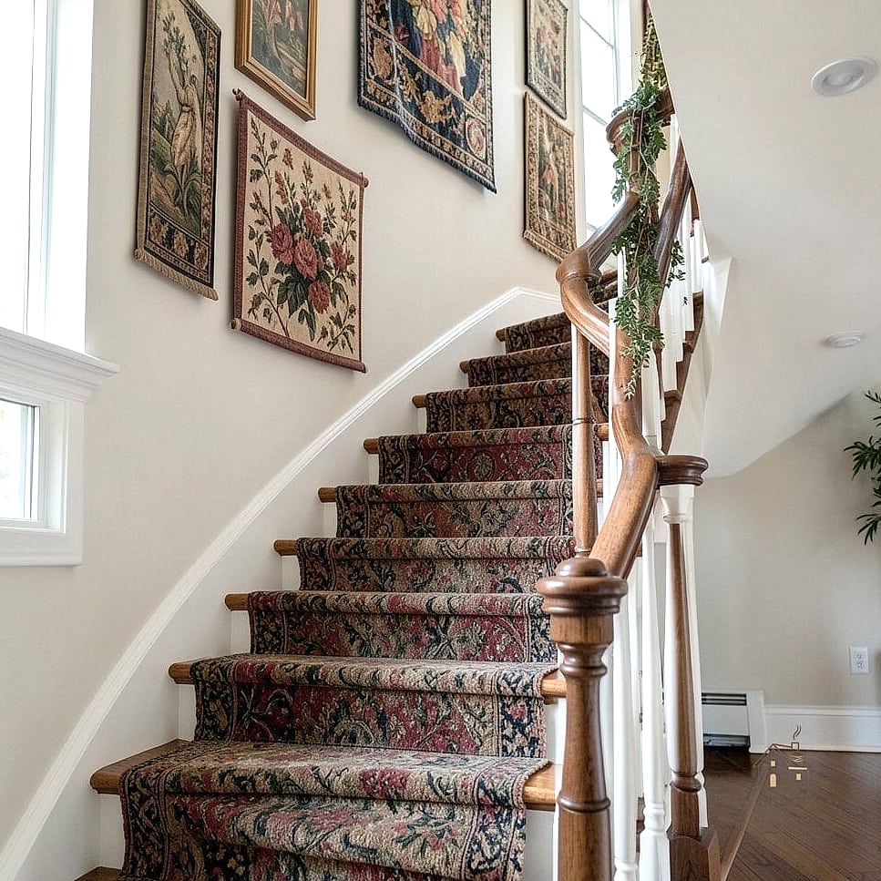 50 Clever Stairs Wall Decor Ideas for Every Style 46 Framed Fabric or Wallpaper Swatches