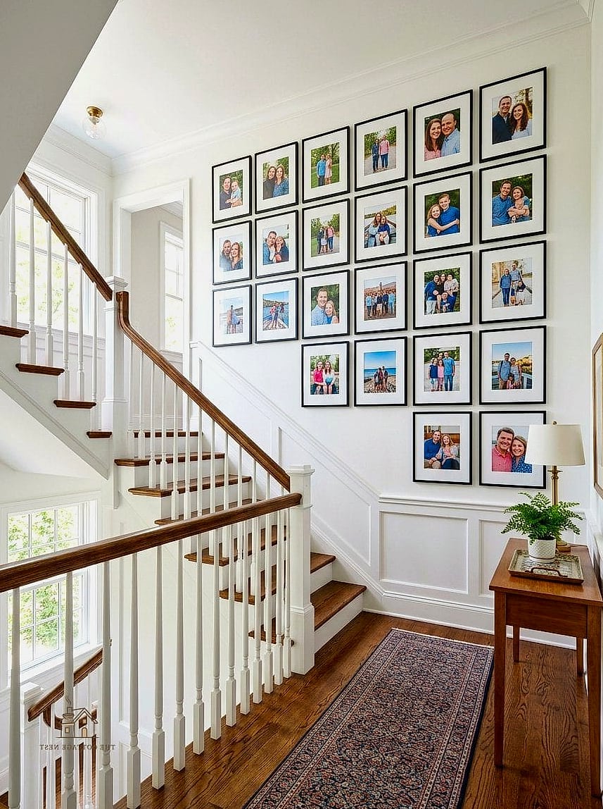 35 Creative Stair Landing Decor Ideas That Will Inspire You 16 Framed Family Photos in a Grid