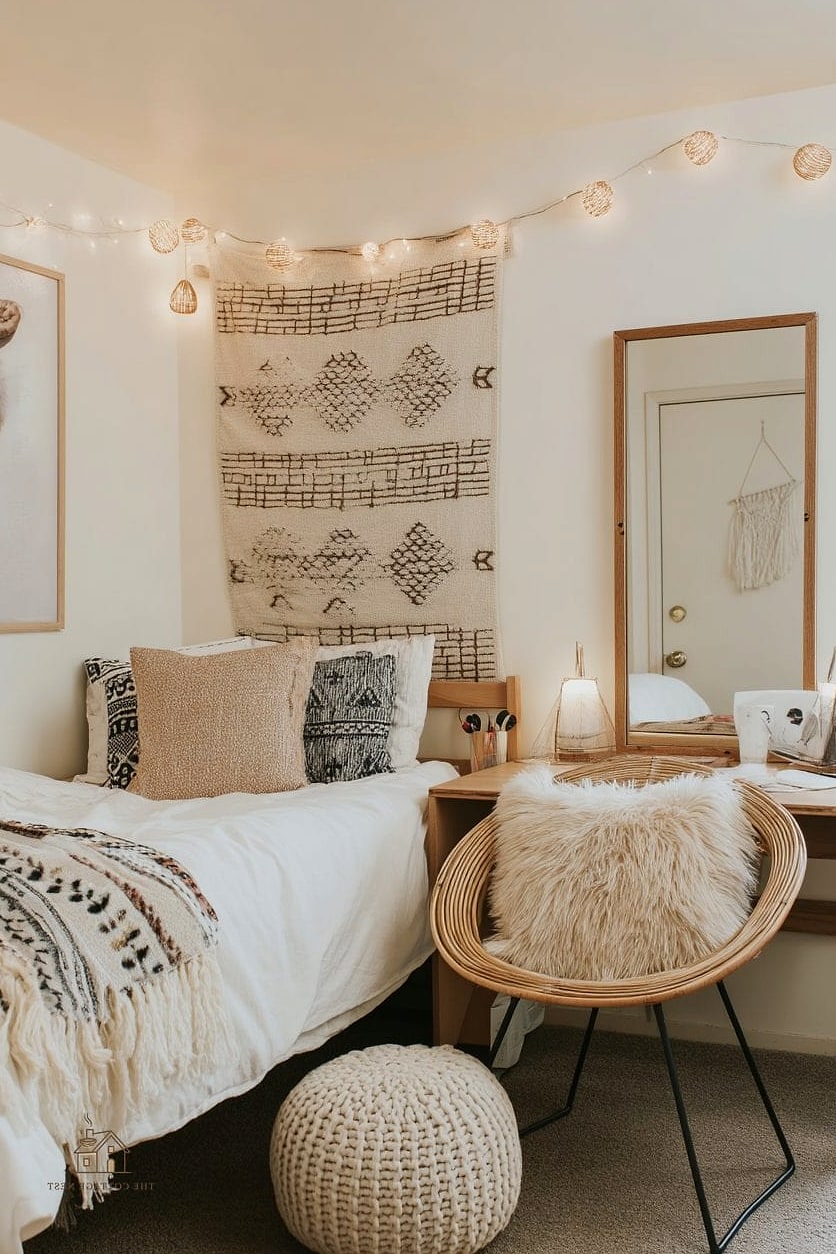 30 Beautiful Boho Dorm Room to Transform Your Space 9 Fringe Trim Curtains or Bedding