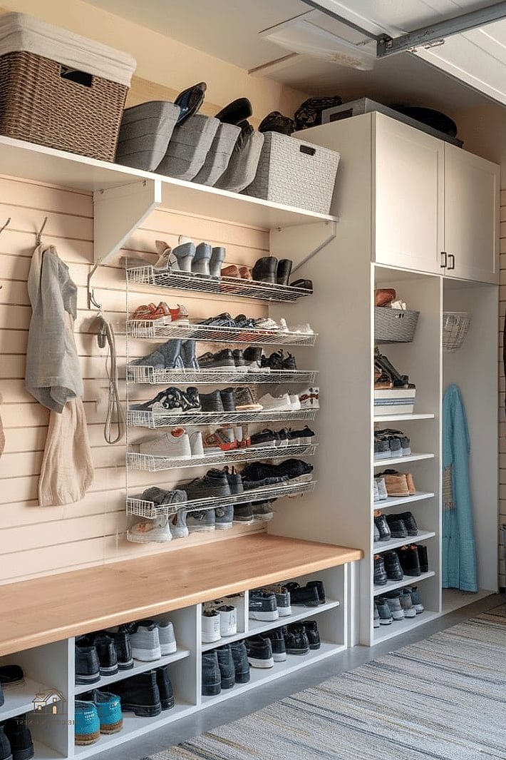 30 Cozy Garage Shoe Storage Ideas Worth Pinning 31 A Full Mudroom-Style Makeover with Shoe Storage as the Centerpiece