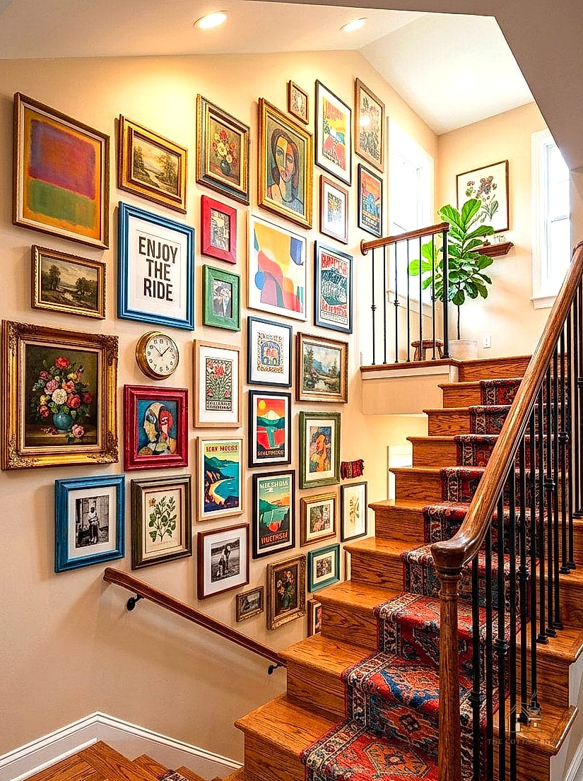 20 Cozy Basement Stairs Ideas Worth Pinning 7 Gallery Wall Along the Staircase