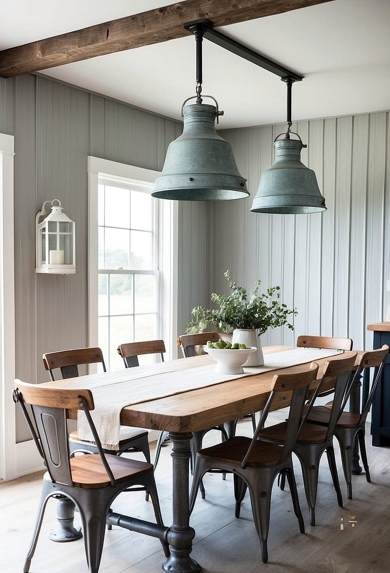 35 Gorgeous Farmhouse Dining Room Decor Ideas That Are Totally Doable 12 Galvanized Metal Accents
