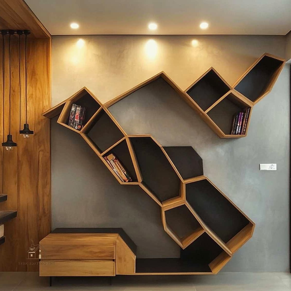 50 Clever Stairs Wall Decor Ideas for Every Style 27 Geometric Shelf and Art Combo