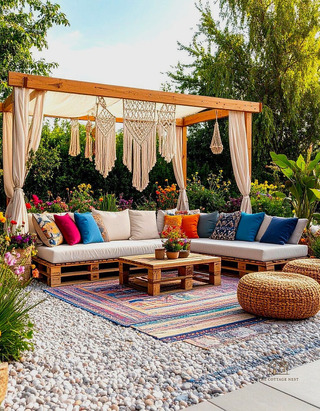 45 Brilliant Boho Garden Ideas to Copy Right Now 19 A Gravel Lounge Area with Rugs