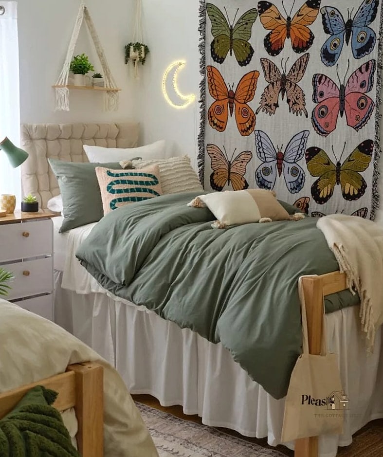 40 Dreamy Green Dorm Room Ideas to Try This Season 12 Green Tapestry as a Headboard